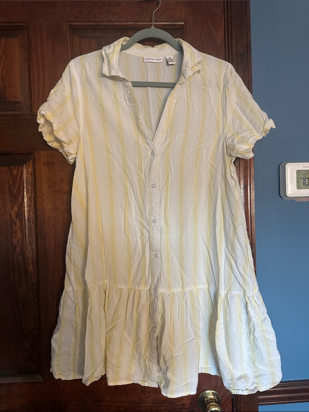Sincerely Jules Yellow & White Striped Button-Front Ruffle-Hem Mini Dress